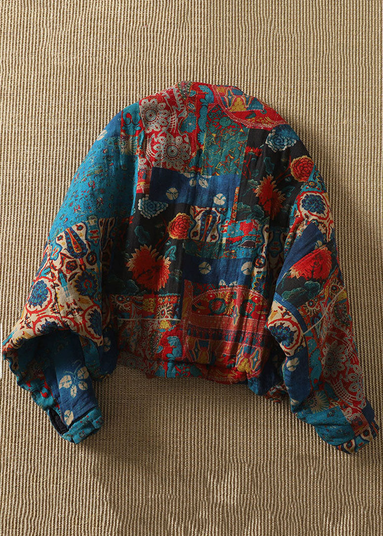 Retro Blue V Neck Pockets Print Parkas Batwin Sleeve