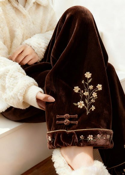 Retro Brown Embroidered Elastic Waist Silk Velvet Fleece Pants Spring