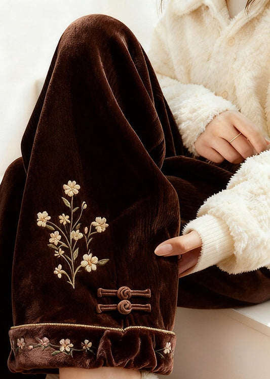 Retro Brown Embroidered Elastic Waist Silk Velvet Fleece Pants Spring