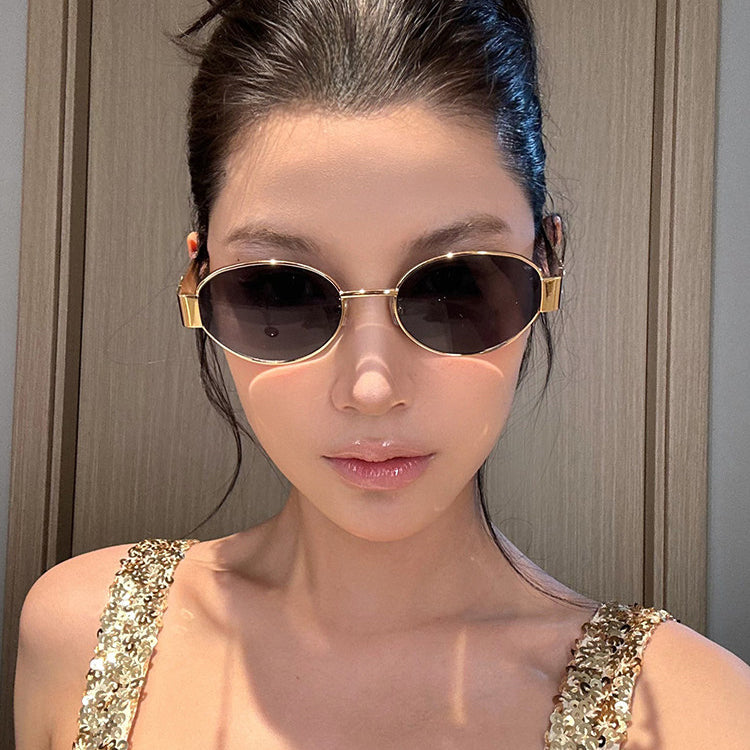 Retro Brown Metal Oval Concave Shaped Sunglasses