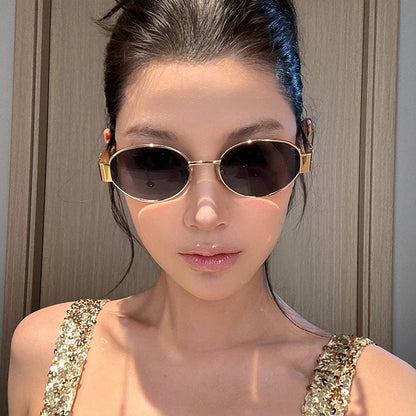 Retro Brown Metal Oval Concave Shaped Sunglasses