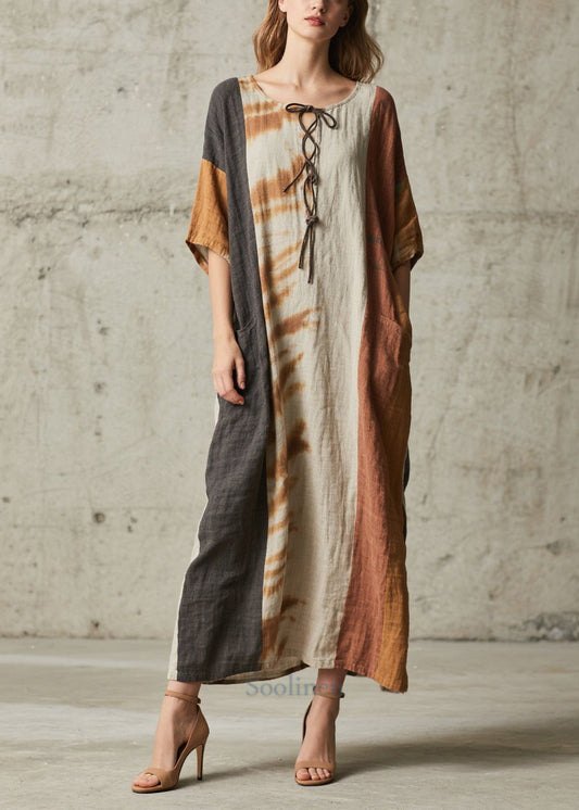 Retro Brown Oversized Patchwork Cotton Holiday Dress Summer
