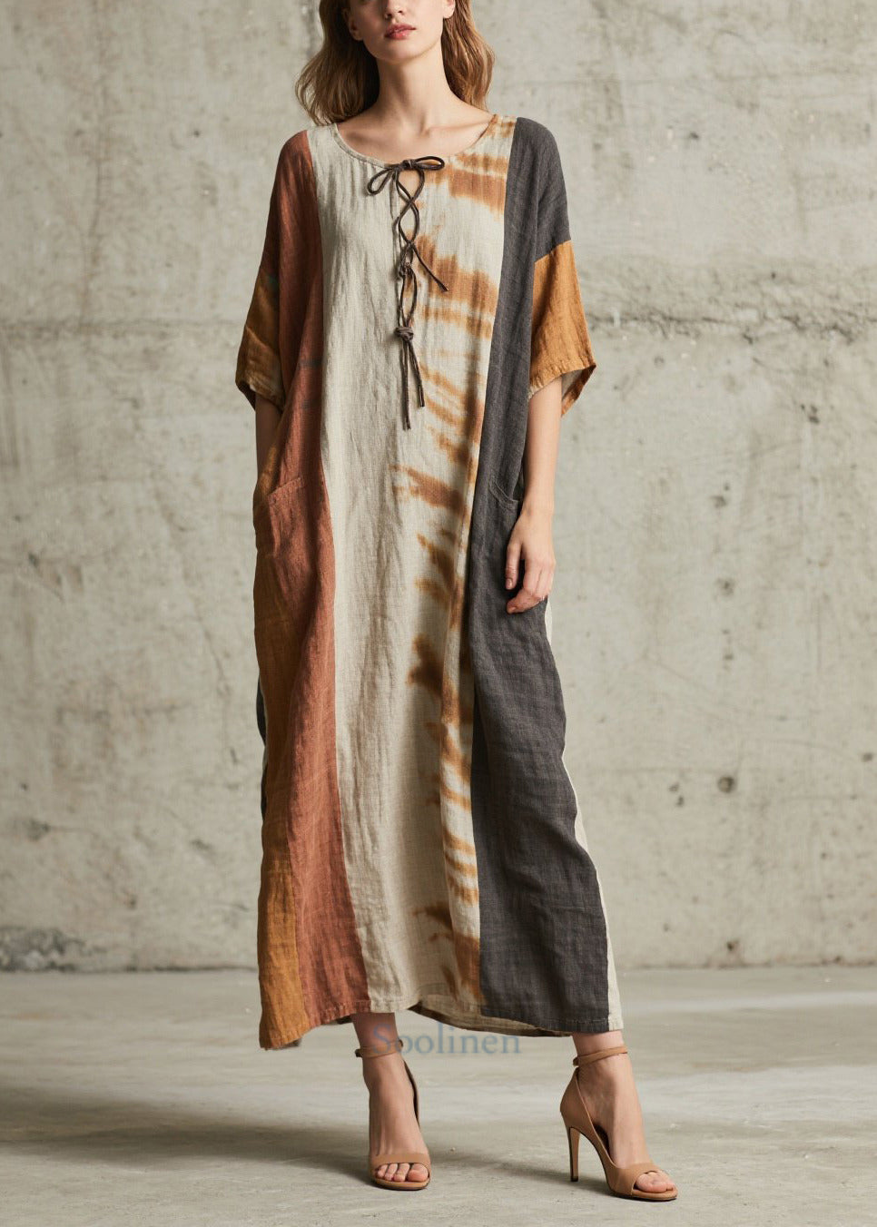 Retro Brown Oversized Patchwork Cotton Holiday Dress Summer