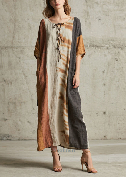 Retro Brown Oversized Patchwork Cotton Holiday Dress Summer