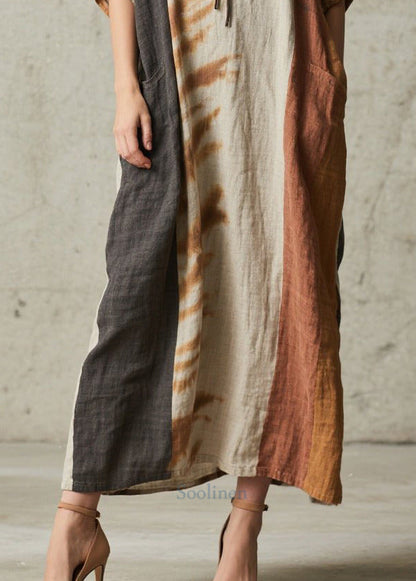 Retro Brown Oversized Patchwork Cotton Holiday Dress Summer