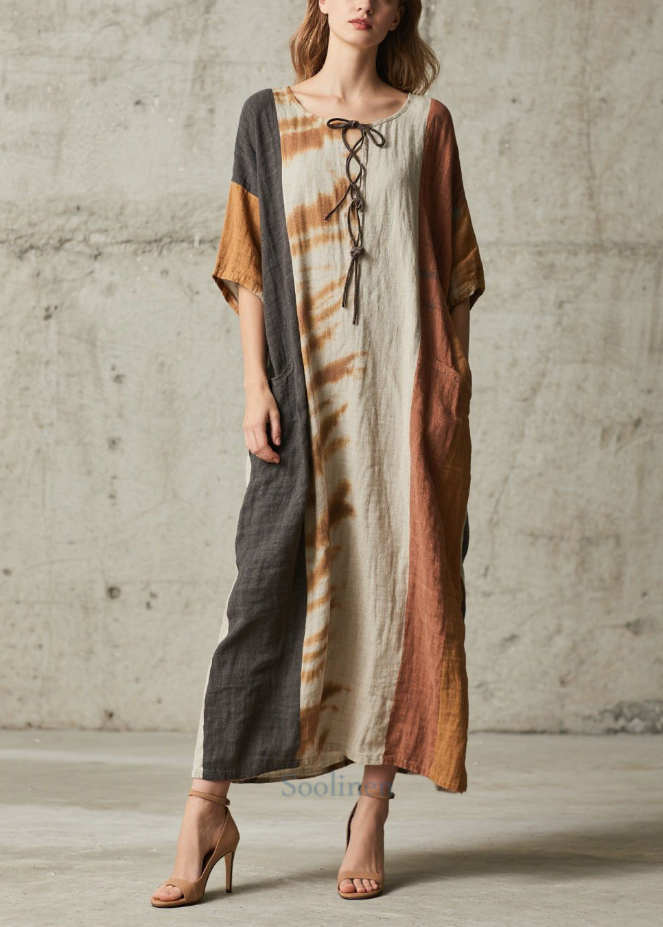 Retro Brown Oversized Patchwork Cotton Holiday Dress Summer