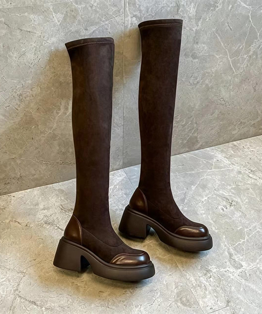 Retro Brown Splicing Suede Chunky Over The Knee Boots