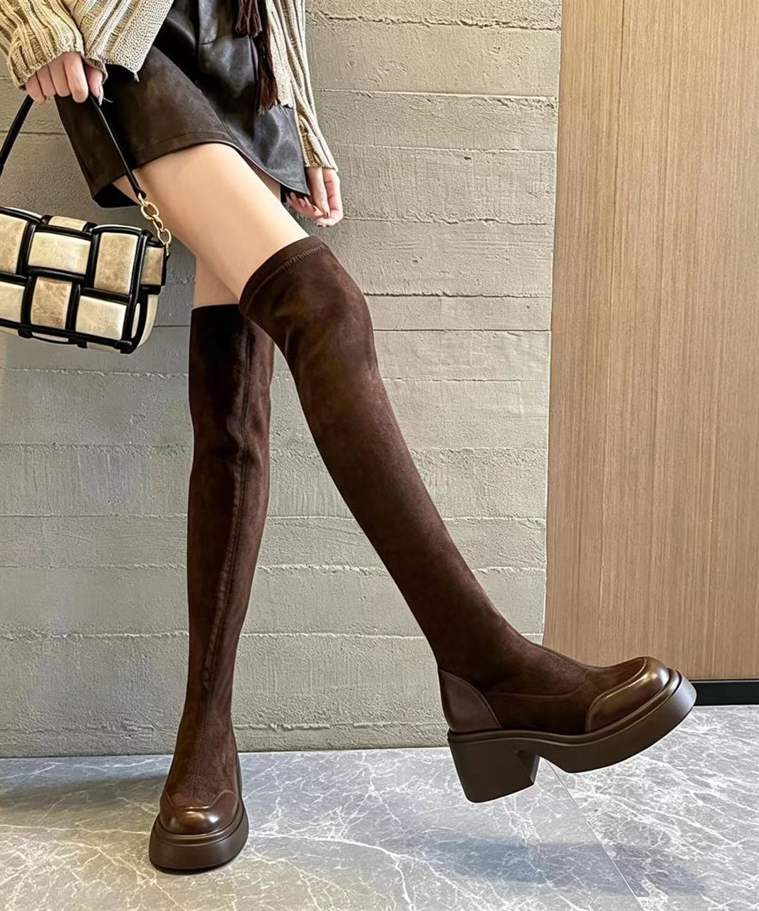Retro Brown Splicing Suede Chunky Over The Knee Boots