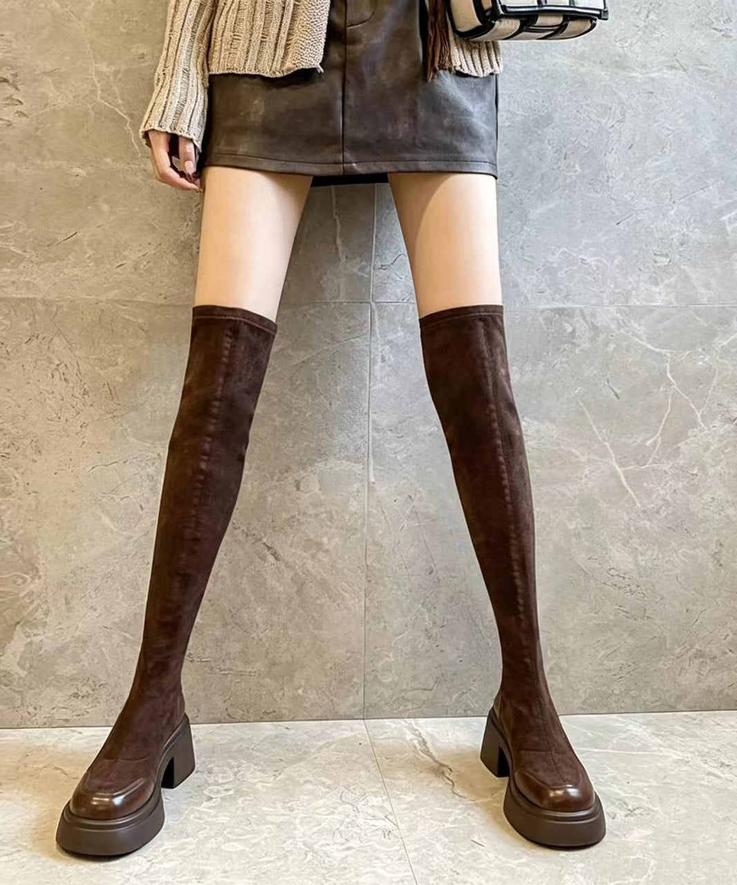 Retro Brown Splicing Suede Chunky Over The Knee Boots