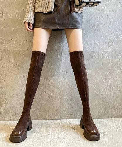 Retro Brown Splicing Suede Chunky Over The Knee Boots