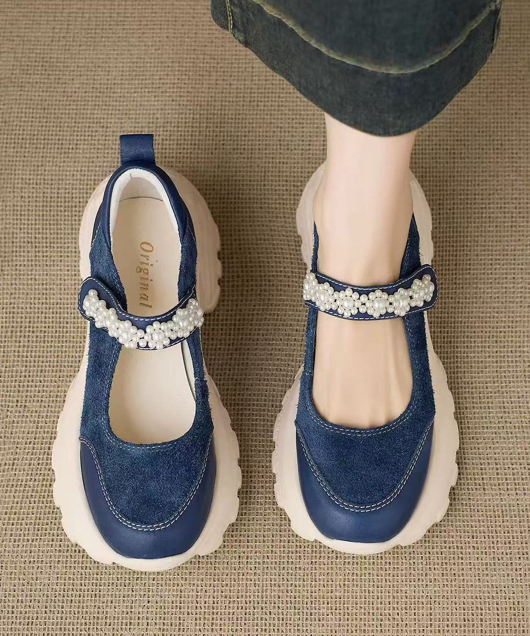 Retro Buckle Strap Platform Flat Shoes For Women Blue Cowhide Leather