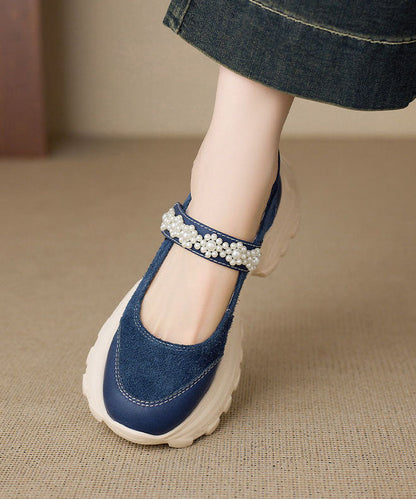 Retro Buckle Strap Platform Flat Shoes For Women Blue Cowhide Leather