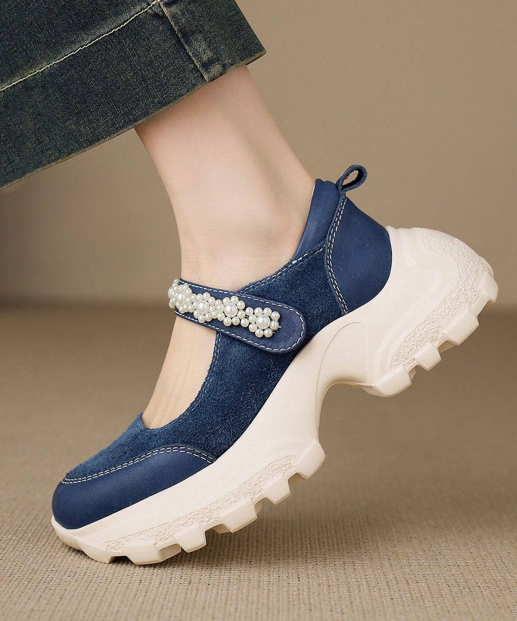 Retro Buckle Strap Platform Flat Shoes For Women Blue Cowhide Leather