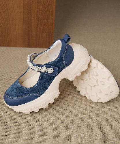 Retro Buckle Strap Platform Flat Shoes For Women Blue Cowhide Leather
