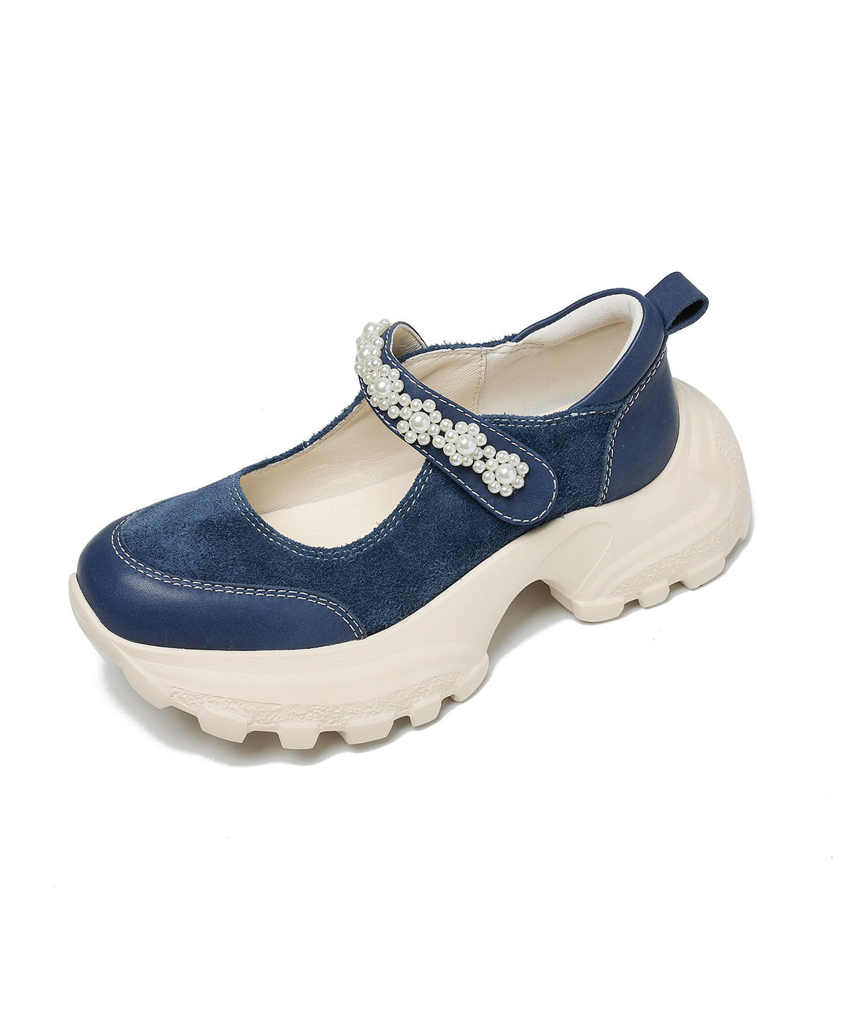 Retro Buckle Strap Platform Flat Shoes For Women Blue Cowhide Leather