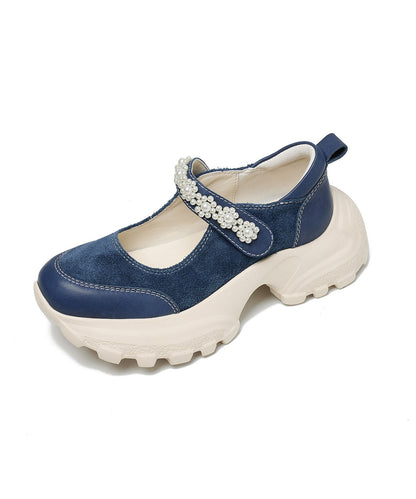 Retro Buckle Strap Platform Flat Shoes For Women Blue Cowhide Leather