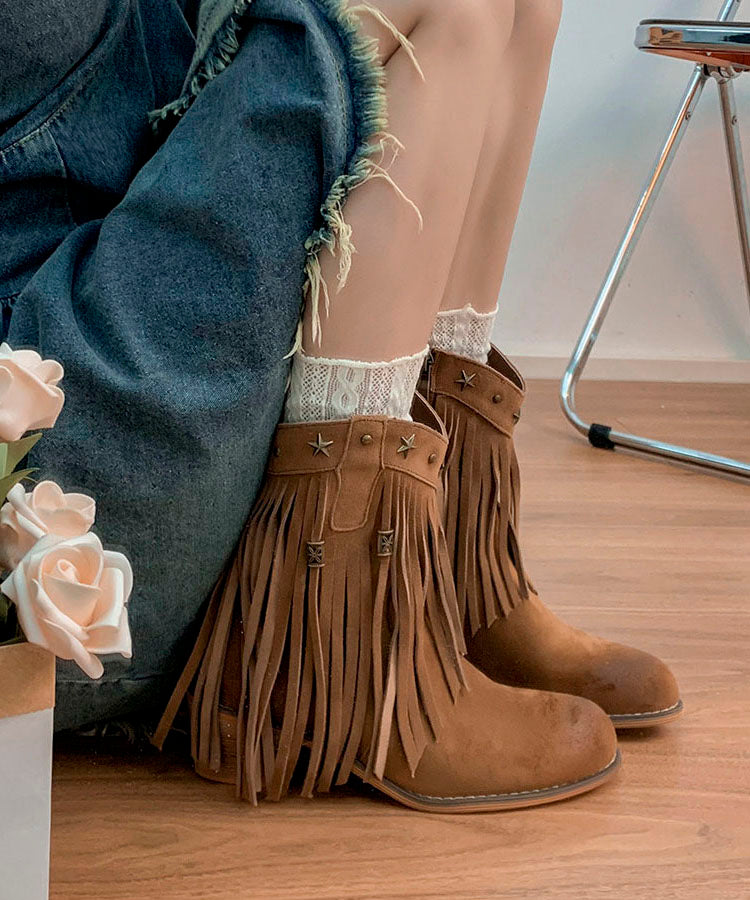 Retro Chunky Boots Khaki Tasseled Rivet Faux Leather