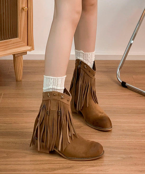 Retro Chunky Boots Khaki Tasseled Rivet Faux Leather