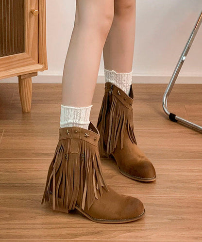Retro Chunky Boots Khaki Tasseled Rivet Faux Leather
