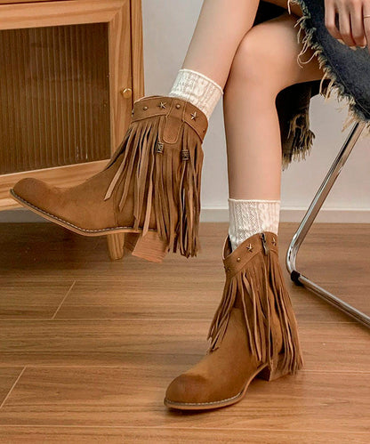 Retro Chunky Boots Khaki Tasseled Rivet Faux Leather