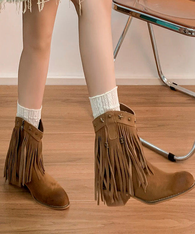 Retro Chunky Boots Khaki Tasseled Rivet Faux Leather