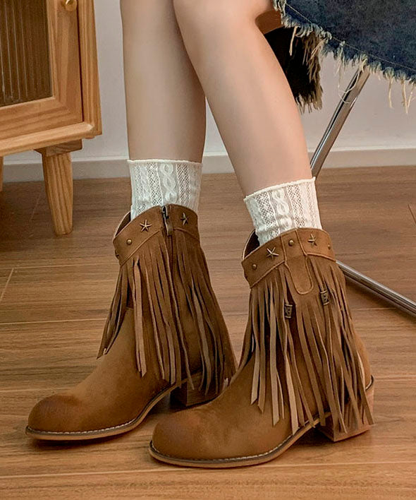 Retro Chunky Boots Khaki Tasseled Rivet Faux Leather
