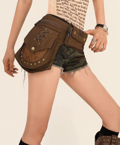Retro Coffee Versatile Waist Side Pack Bag Rivet Wide Waist Seal