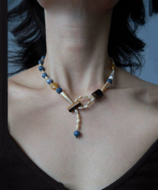 Retro Colorblock Alloy Shell Beading Pendant Necklace