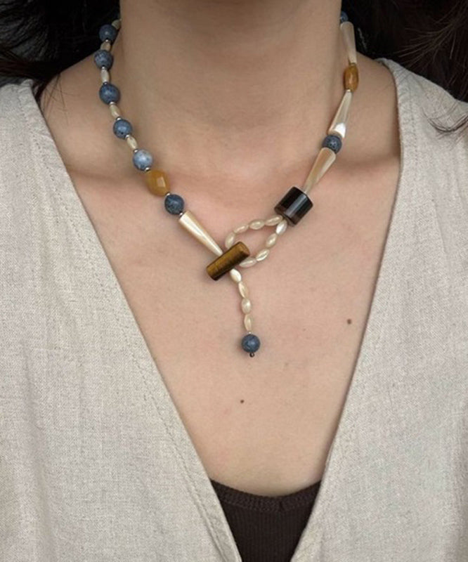 Retro Colorblock Alloy Shell Beading Pendant Necklace