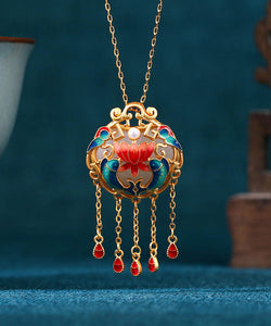 Retro Colorblock Sterling Silver Overgild Jade Enamel Every Year There Is Fish Tassel Pendant Necklace