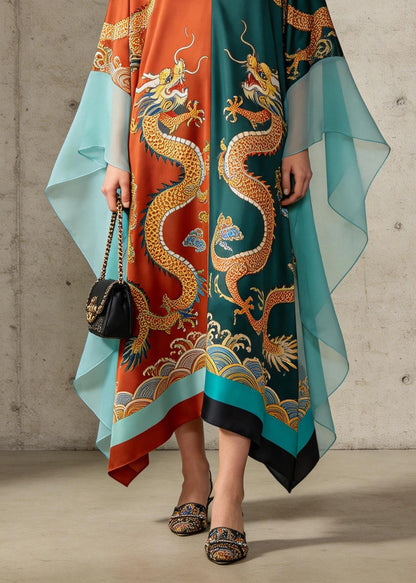 Retro Colorblock V Neck Print Chiffon Maxi Dresses Summer