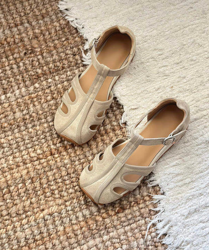 Retro Comfy Hollow Out Splicing Flat Sandals Green Suede