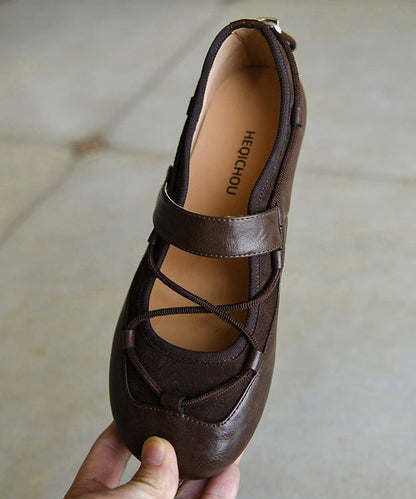 Retro Cross Strap Flat Shoes For Women Chocolate Sheepskin