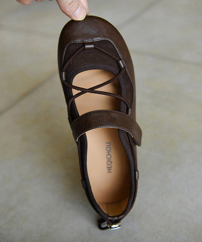 Retro Cross Strap Flat Shoes For Women Chocolate Sheepskin