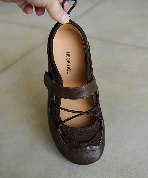 Retro Cross Strap Flat Shoes For Women Chocolate Sheepskin