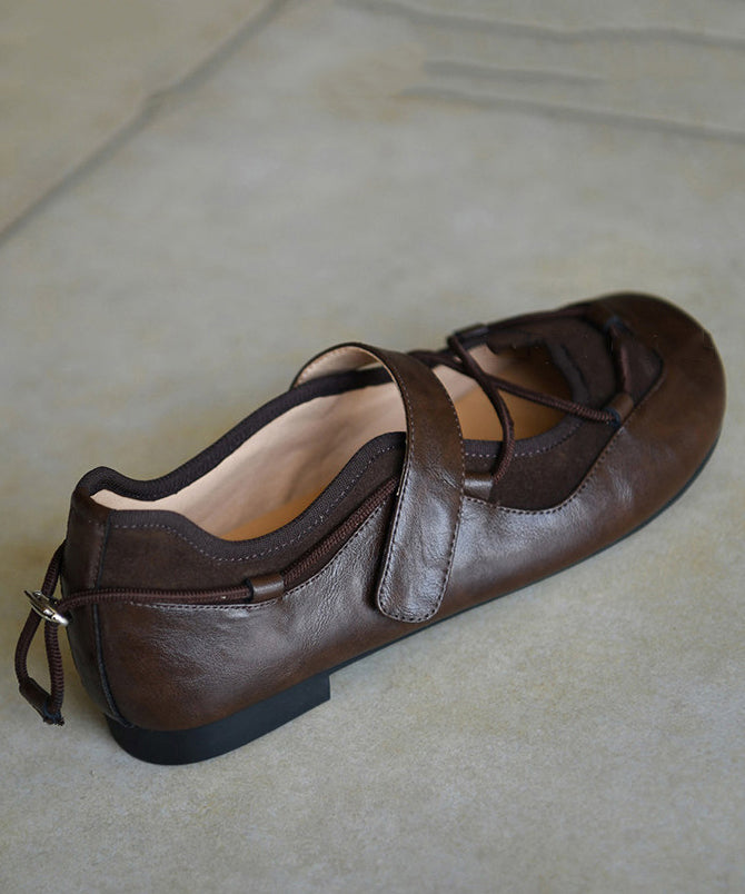 Retro Cross Strap Flat Shoes For Women Chocolate Sheepskin