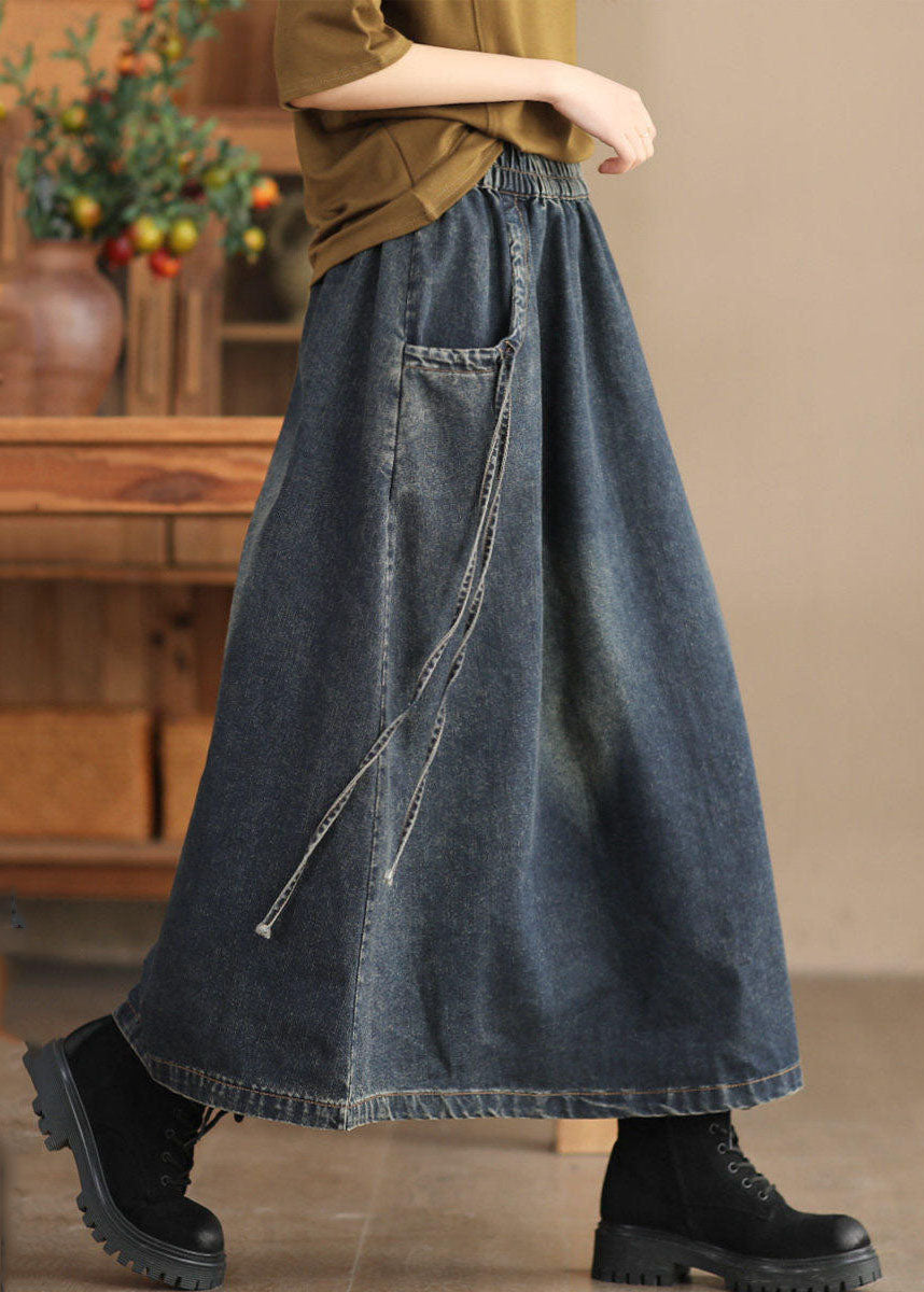 Retro Dark Grey Pockets Patchwork Denim Maxi Skirt Fall