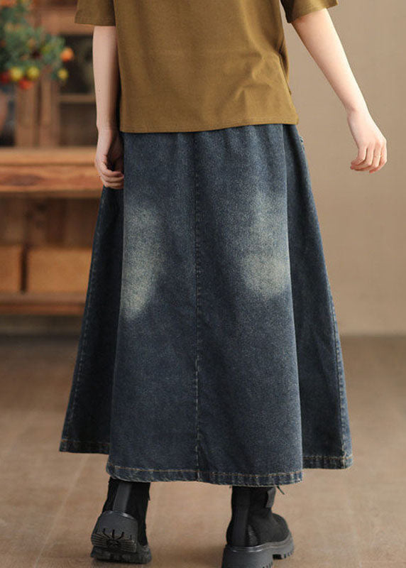 Retro Dark Grey Pockets Patchwork Denim Maxi Skirt Fall