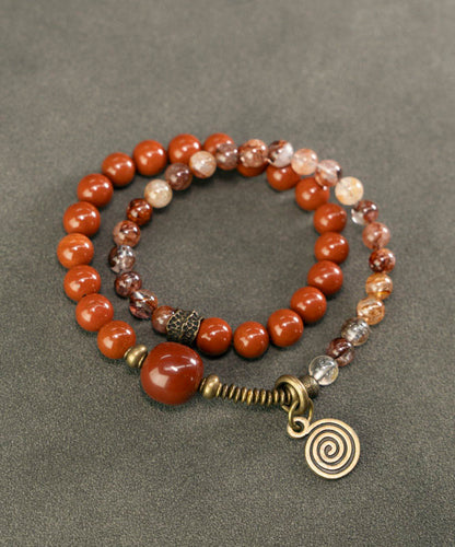 Retro Ethnic Style Redstone Crystal Double Circle Bead Bracelet