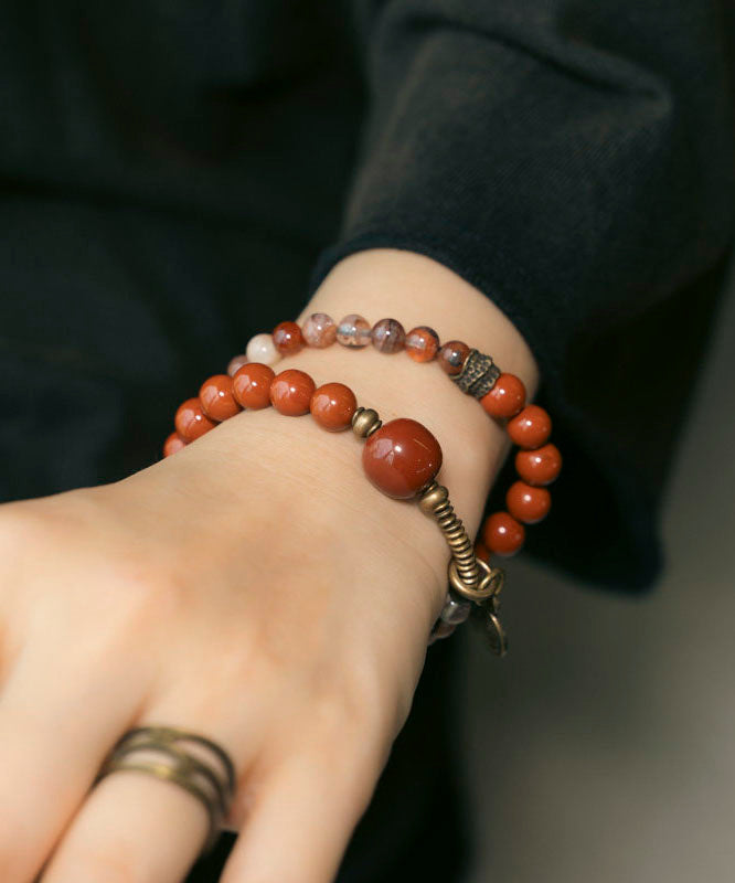 Retro Ethnic Style Redstone Crystal Double Circle Bead Bracelet