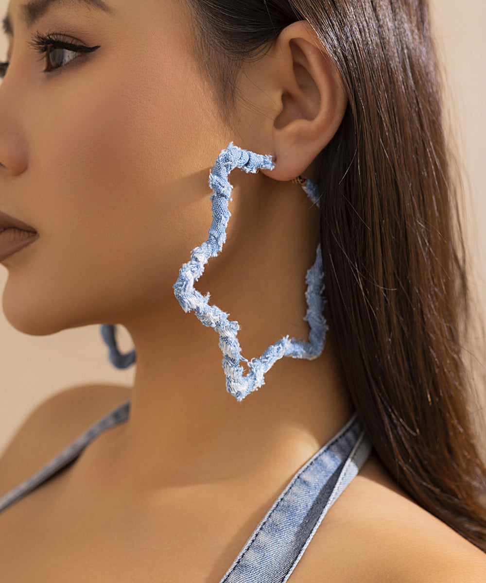 Retro Five Pointed Star Sterling Silver Overgild Denim Print Hoop Earrings