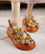 Load image into Gallery viewer, Retro Floral Hollow Out Platform Sandals Yellow Cowhide Leather