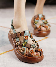 Load image into Gallery viewer, Retro Floral Hollow Out Platform Sandals Yellow Cowhide Leather