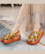 Load image into Gallery viewer, Retro Floral Hollow Out Platform Sandals Yellow Cowhide Leather