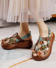 Load image into Gallery viewer, Retro Floral Hollow Out Platform Sandals Yellow Cowhide Leather