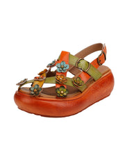 Load image into Gallery viewer, Retro Floral Hollow Out Platform Sandals Yellow Cowhide Leather