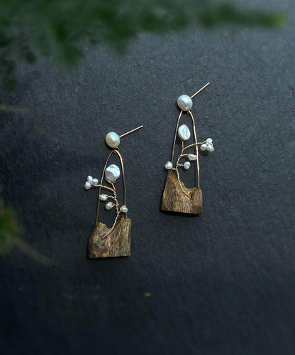 Retro Gold Wooden Alloy Pearl Tassel Drop Earrings