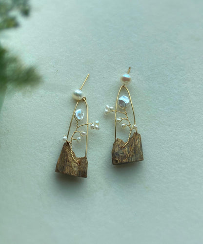 Retro Gold Wooden Alloy Pearl Tassel Drop Earrings