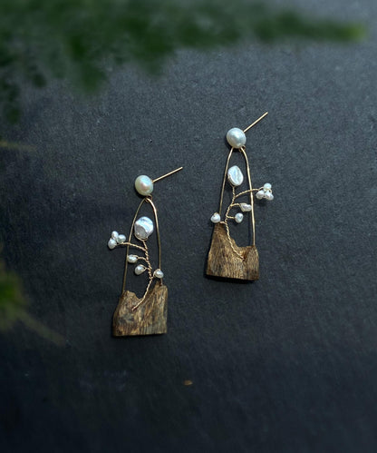 Retro Gold Wooden Alloy Pearl Tassel Drop Earrings