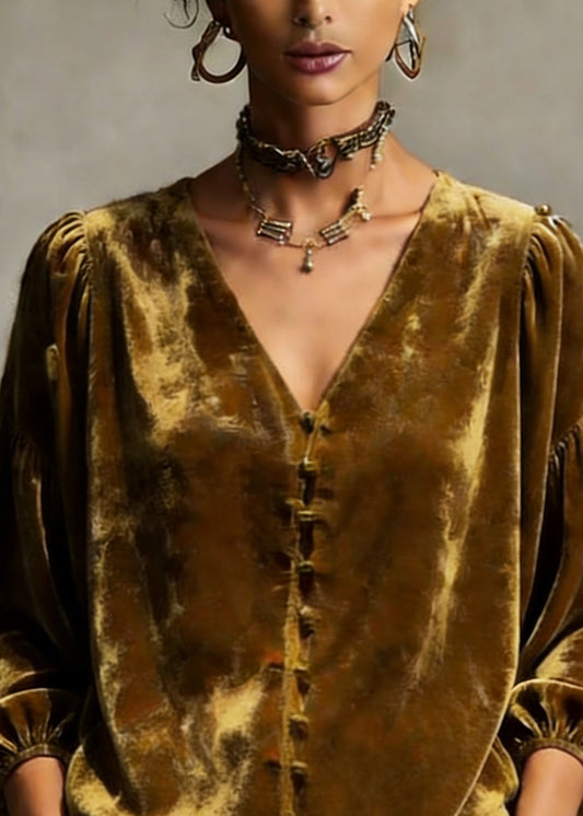 Retro Gold Yellow V Neck Patchwork Top Lantern Sleeve